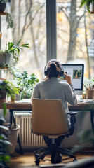 Poster - A woman is sitting at a desk with a computer monitor and a keyboard. She is wearing headphones and she is working on a project. The room is decorated with plants, giving it a natural