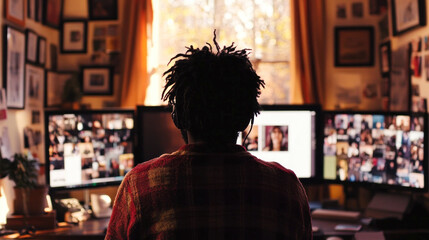 Poster - A man is sitting in front of a computer monitor with a red and yellow plaid shirt on