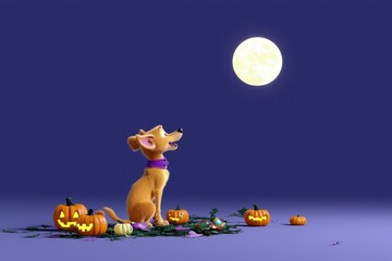 Canvas Print - Cute Dog Looking Up at the Full Moon on Halloween Night