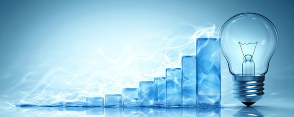 Poster - a series of blue cubes are arranged in a line, with a single light bulb in the middle. concept of pr