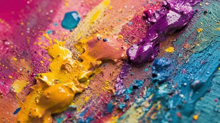Wall Mural - close-up of paint splashes on a textured canvas.