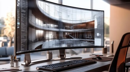 Poster - computer with a large, curved monitor displaying a detailed architectural design.