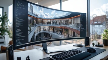Poster - computer with a large, curved monitor displaying a detailed architectural design.