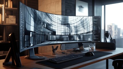 Poster - computer with a large, curved monitor displaying a detailed architectural design.