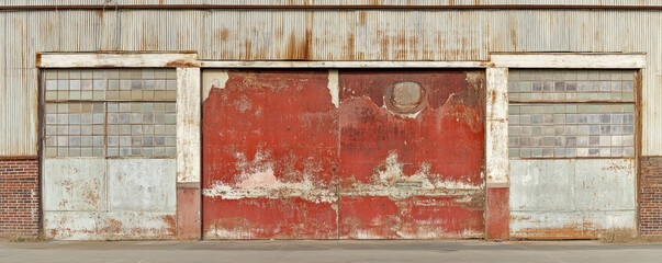 Poster - The red door of a building is covered in rust and has a window on the side. The door is open, revealing a brick wall and a window. Scene is one of decay and abandonment