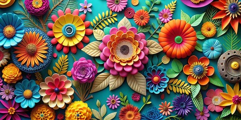 Wall Mural - Vibrant and captivating wallpaper featuring colorful paper cut flowers with intricate textures