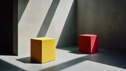 Poster - Two cubes, one yellow and one red, are sitting in a room with a window. The cubes are placed in front of a wall, and the sunlight is shining on them, creating a warm and inviting atmosphere