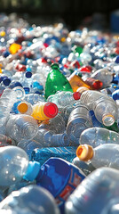 A pile of plastic bottles, including some that are green, red, and blue. Concept of waste and environmental impact