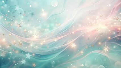 Wall Mural - Ethereal wallpaper featuring pale aqua and soft rose tones with fluid patterns and shimmering stars on a backdrop