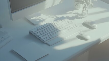 Poster - Tech Workspace Essentials, A modern setup featuring a sleek keyboard, ergonomic mouse, and a creative sketchpad, ideal for productivity and inspiration.