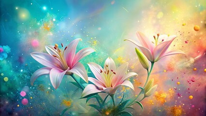 Wall Mural - Vibrant pastel background with chaotic splatters and glowing lilies, perfect for a creative and vibrant design project