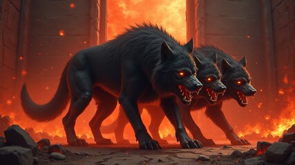 Wall Mural - A three-headed wolf monster on a fiery background grins