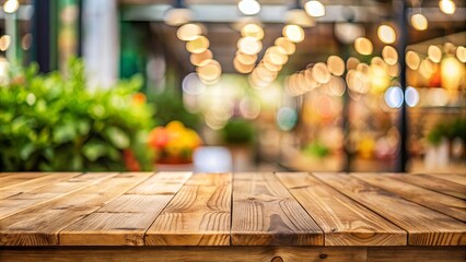 Empty wooden table with blurred background perfect for showcasing products or food