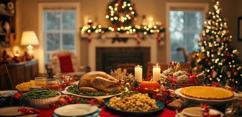 Aesthetic red-themed Christmas dinner table setting with wine glasses and nice tableware with gold accents