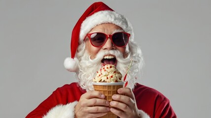 Wall Mural - Cool Santa Claus wearing sunglasses enjoying ice cream cone, New Year banner, copy space