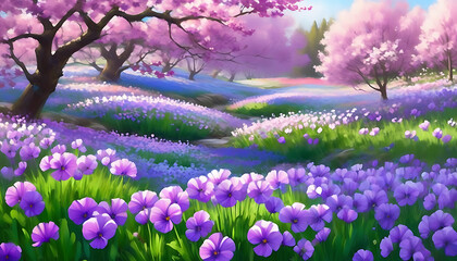 Wall Mural - Delicate bloom in purple flower sea, dreamlike garden in spring.