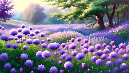 Delicate bloom in purple flower sea, dreamlike garden in spring.