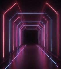 Poster - A long, dark corridor with a series of neon lights arranged in a geometric pattern, creating a tunnel-like effect.