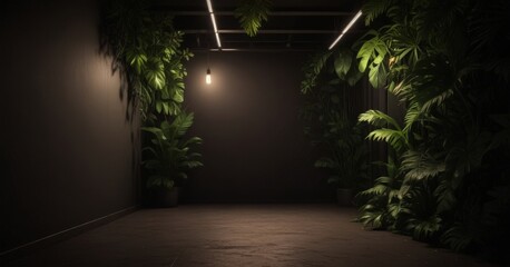 Poster - A dimly lit corridor with a single hanging light, flanked by lush green plants, creating a serene and tranquil atmosphere.