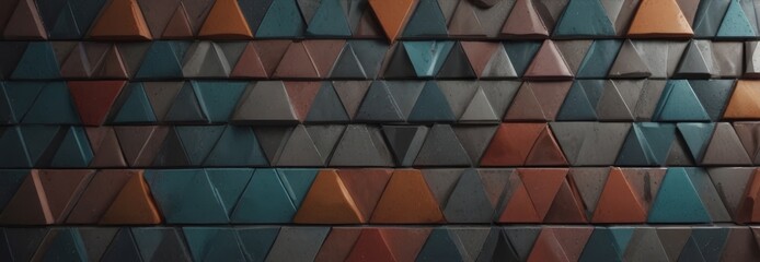 Poster - A close-up view of a wall adorned with a repeating pattern of triangular tiles in various shades of brown, blue, and green.