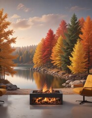 Aufkleber - A serene autumnal scene unfolds at a lakeside, with a fire pit in the foreground and a backdrop of trees displaying vibrant fall foliage.
