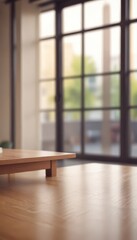 Poster - A wooden table with a slatted top sits in the foreground, its surface reflecting the soft light filtering through a large window behind it. The window, with its panes of