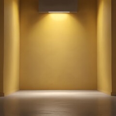 Aufkleber - A dimly lit room with a yellow wall and a single light fixture casting a warm glow on the concrete floor.