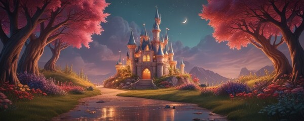 Poster - A majestic castle with multiple towers and turrets stands on a hill, surrounded by a vibrant garden filled with pink and purple flowers. A winding path leads up to the castle,