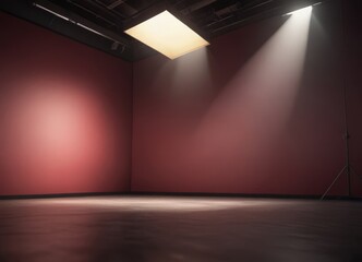 Aufkleber - A dimly lit room with a red wall, a single spotlight on the right, and a tripod on the left, creating a dramatic and empty atmosphere.