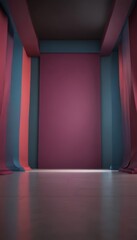 Aufkleber - A 3D of a minimalist stage set with a large red backdrop, flanked by two columns of blue and pink curtains, and a polished wooden floor.
