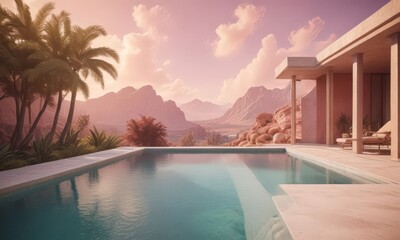 Aufkleber - A serene poolside with a modern house, palm trees, and a breathtaking desert landscape with mountains and a pink sky.