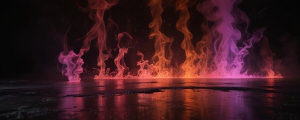 Aufkleber - Vibrant flames dance on a reflective surface, casting an ethereal glow against a dark backdrop.