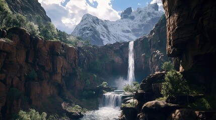 awe-inspiring sight of a waterfall cascading down from towering mountains.