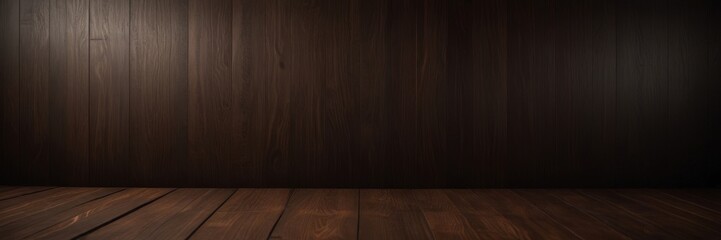 Poster - A dark wooden wall with vertical panels, and a wooden floor in the foreground.