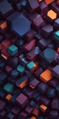 Aufkleber - a 3D of a complex arrangement of cubes in various shades of blue, purple, orange, and green, creating a visually striking and abstract pattern.