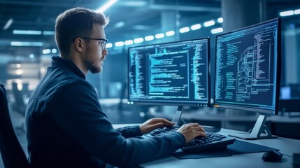 Wall Mural - A programmer intently works on two screens filled with code in a sleek, contemporary office environment, illuminated by artificial lighting late at night