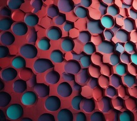 Aufkleber - a close-up view of a 3D printed geometric pattern composed of numerous red and blue hexagonal shapes. The pattern is arranged in a grid-like fashion, with the red and blue