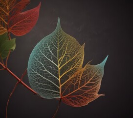 Fototapete - A close-up of a leaf with a vibrant gradient of colors, including red, orange, yellow, and green, against a dark background.