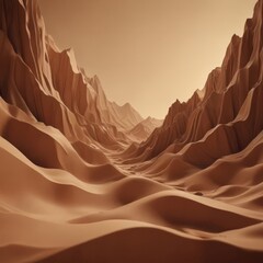 Poster - A digital of a desert canyon with sand dunes and mountains in the background, in a warm, earthy tone.