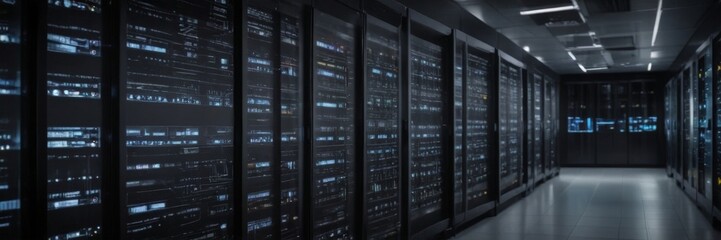 Poster - A long, dimly lit corridor lined with rows of computer servers, creating a futuristic and technological atmosphere.