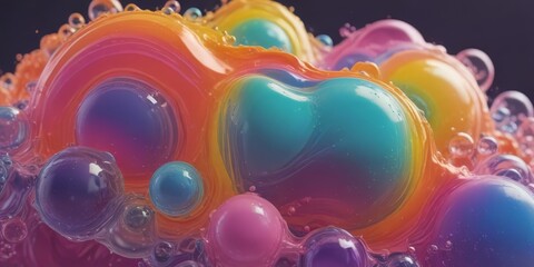 Poster - a close-up view of a vibrant, abstract composition of colorful, spherical bubbles and droplets against a dark background.