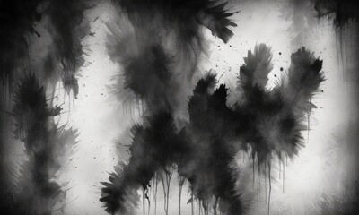 Poster - The image is a black and white abstract composition featuring splashes of ink or paint, creating a dynamic and expressive visual effect.