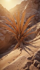 Aufkleber - A desert plant with long, thin leaves stands in a rocky, sandy landscape, bathed in the warm glow of the setting sun.