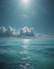 Poster - A serene ocean scene with a bright sun shining through the clouds, casting a warm glow on the water.