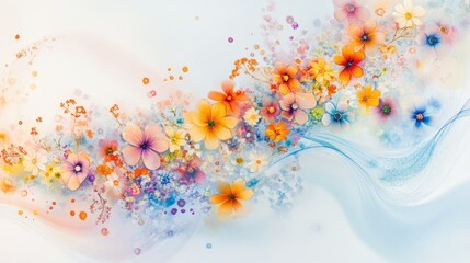 Tiny colorful flowers forming intricate swirling lines, set against a dynamic white-soft pastel background for a delicate and vivid look