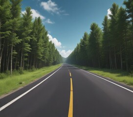 Poster - A long, straight road winds through a lush, green forest, with tall trees on both sides and a clear blue sky overhead.