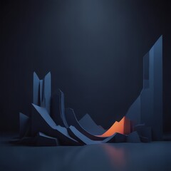 a dark, abstract landscape with a prominent orange shape in the center, surrounded by various geometric shapes and forms.