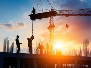 Silhouette of construction workers during sunset, illustrating teamwork and collaboration in building projects