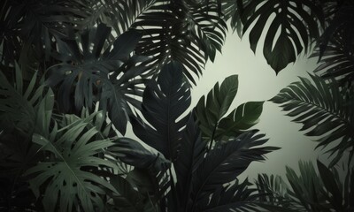 Poster - a dense, lush display of tropical foliage, with a variety of large leaves in shades of green and brown, creating a sense of depth and complexity.