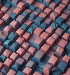 Poster - a close-up view of a 3D of a geometric pattern composed of numerous cubes in various shades of pink, blue, and gray.